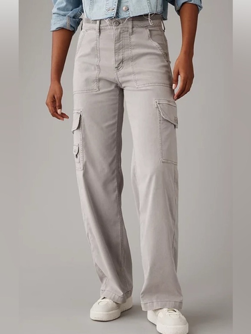 American Eagle Dreamy Drape Stretch Cargo Super High Waist wideleg Grey pant 16